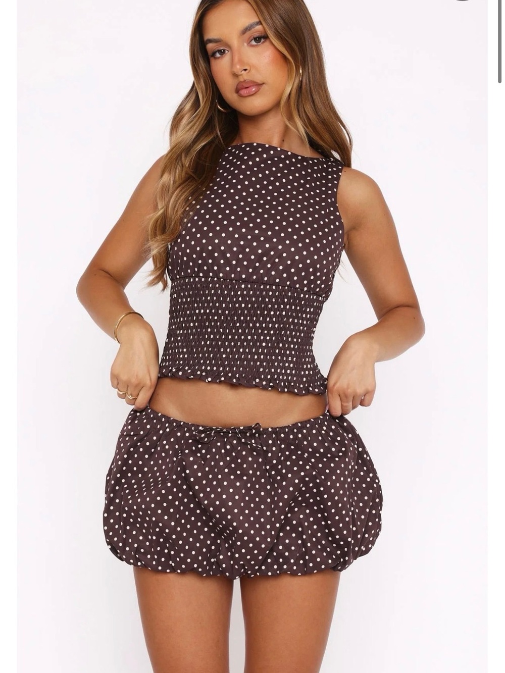 White Fox Polka Dot Ruffle Bubble Mini Skirt - Brown & White